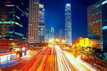 Image showing Colorful city night with lights of cars motion blurred in hong k