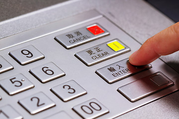 Image showing Hand entering personal identification number on ATM dial panel