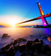 Image showing Sunset at Tsing Ma Bridge 