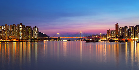 Image showing sunset at downtown city, tsuen wan