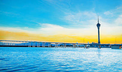 Image showing Macau cityscape of bridge and skyscraper Macao, Asia. 