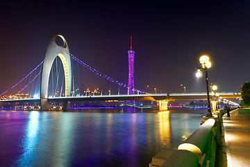 Image showing Zhujiang River and modern building of financial district at nigh