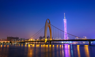 Image showing Zhujiang River and modern building of financial district at nigh