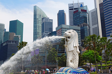 Image showing Singapore center with Merlion and skyscrapers 