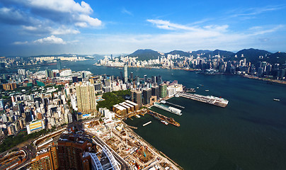 Image showing Aerial view of Hong Kong harbor from Kowloon island 