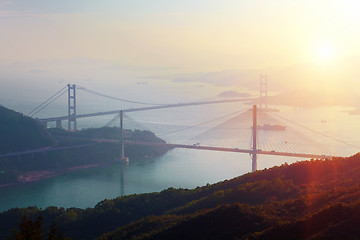 Image showing Sunset at Ting Kau Bridge, view from Tsuen Wan, Hong Kong