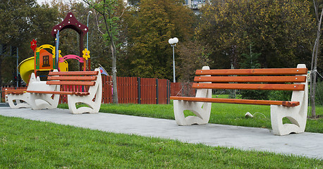 Image showing Wooden benches in a park