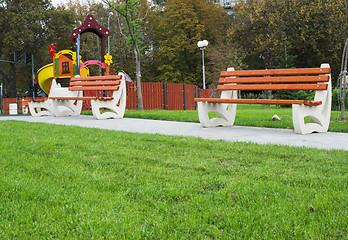 Image showing Wooden benches in a park