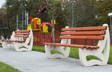 Image showing Wooden benches in a park