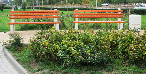 Image showing Wooden benches in a park