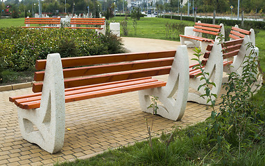 Image showing Wooden benches in a park