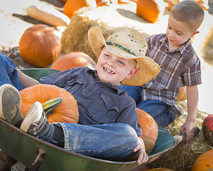 Image showing Two Little Boys Playing in Wheelbarrow at the Pumpkin Patch
