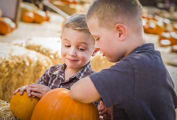 Image showing Two Boys at the Pumpkin Patch Talking and Having Fun
