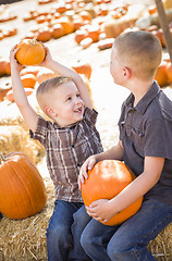 Image showing Two Boys at the Pumpkin Patch Talking and Having Fun
