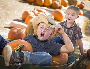 Image showing Two Little Boys Playing in Wheelbarrow at the Pumpkin Patch
