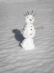 Image showing Scary small aggressive snowman in a winter forest