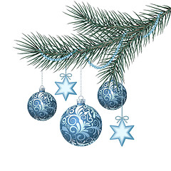 Image showing Blue christmas balls on green spruce branch