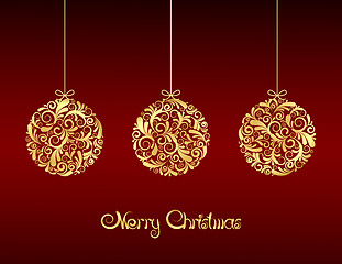 Image showing Gold Christmas balls on red background.