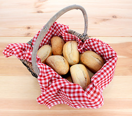 Image showing Rustic picnic basket of fresh bread rolls