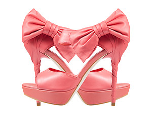 Image showing Evening pink shoes with a bow on a high heel. collage