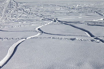 Image showing Trace of ski and snowboards in new-fallen snow