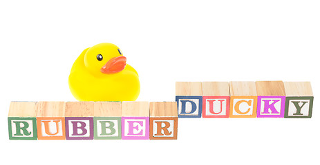 Image showing Baby blocks spelling rubber ducky and a rubber duck