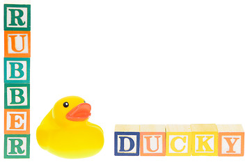 Image showing Baby blocks spelling rubber ducky and a rubber duck