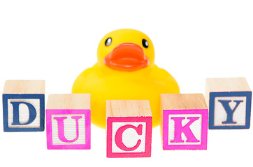Image showing Baby blocks spelling ducky with a rubber duck
