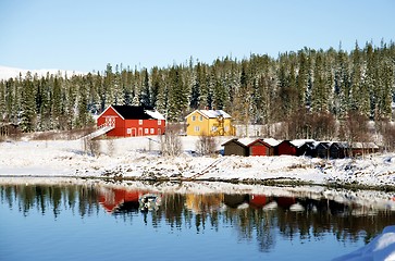 Image showing Farm by a lake