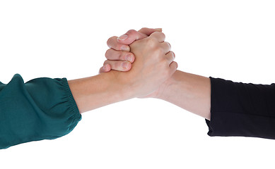 Image showing Close up of two women shaking hands