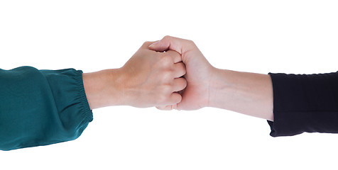 Image showing Close up of two women shaking hands