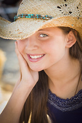 Image showing Preteen Girl Portrait Wearing Cowboy Hat