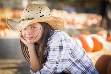 Image showing Preteen Girl Portrait at the Pumpkin Patch