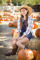 Image showing Preteen Girl Portrait at the Pumpkin Patch