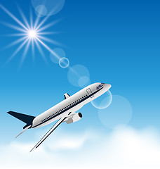 Image showing Realistic background with flying airplane