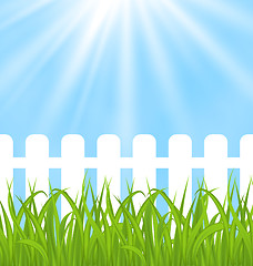 Image showing Fresh green grass over wood fence background