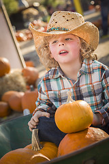 Image showing Little Boy in Cowboy Hat at Pumpkin Patch