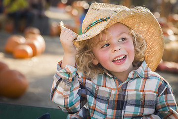 Image showing Little Boy in Cowboy Hat at Pumpkin Patch