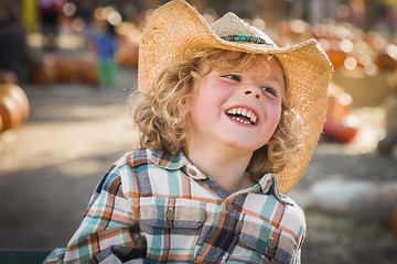 Image showing Little Boy in Cowboy Hat at Pumpkin Patch