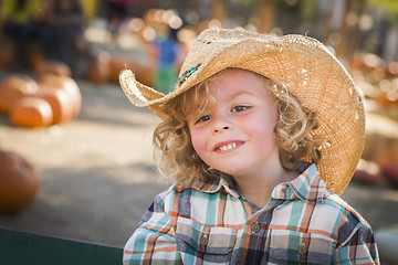 Image showing Little Boy in Cowboy Hat at Pumpkin Patch