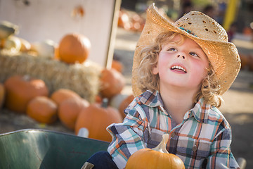 Image showing Little Boy in Cowboy Hat at Pumpkin Patch