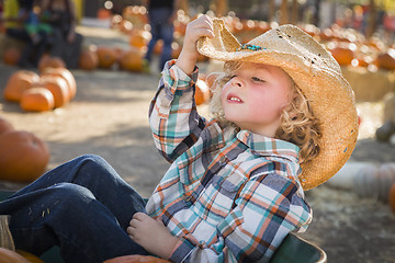 Image showing Little Boy in Cowboy Hat at Pumpkin Patch