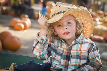 Image showing Little Boy in Cowboy Hat at Pumpkin Patch