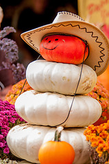 Image showing adorable cowboy pumpkin figures made from pumpkins