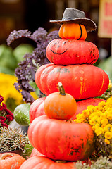 Image showing adorable cowboy pumpkin figures made from pumpkins