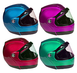 Image showing Motorcycle helmets on a white background in different colors. Co