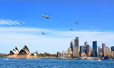 Image showing Military helicopters fly over Sydney Australia