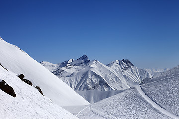 Image showing Ski resort with off-piste slope at nice sun day