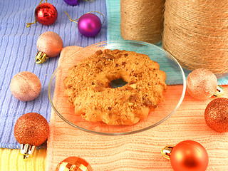 Image showing Christmas cake with vintage bottle and christmas balls