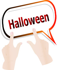 Image showing halloween word on abstract cloud with people hands